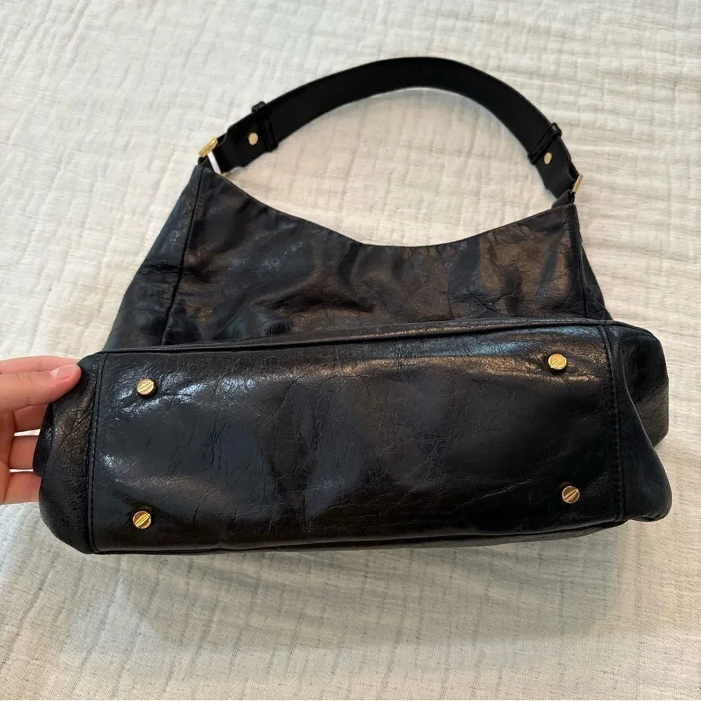 TORY BURCH Dena Black Glazed Distressed Leather Hobo Shoulder Bag